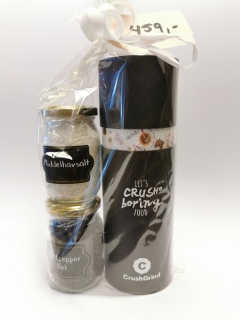 CrushGrind krydderkvern med 1 glass grovt middelhavssalt og 1 glass sort pepper, hel.