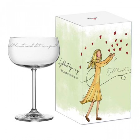 Champagneglass fra Lykketegning tekst:  fyll livet med det som godt er