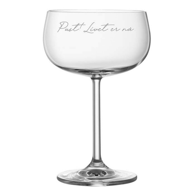 Champagneglass fra Lykketegning tekst: pust livet er nå