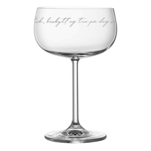 Champagneglass fra Lykketegning tekst: elsk , beskytt og tro på deg selv