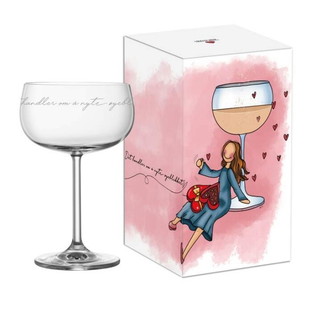 Champagneglass fra Lykketegning tekst: det handler om å nyte øyeblikket
